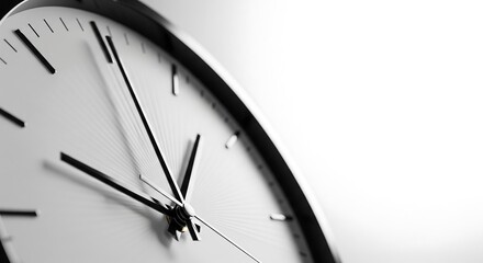 Modern analog clock with blurred second hand showing time passing quickly with copy space