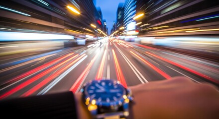 Wristwatch on hand with blurred city background for time running out concept