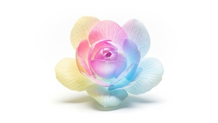 A beautiful rose flower with petals colored in a soft pastel rainbow gradient, set against a clean white background.