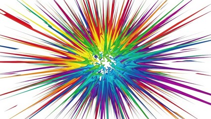 A vibrant, colorful abstract explosion of light and energy radiating outwards from a central point on a white background.