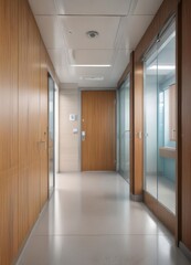 Modern hospital corridor with glass doors and wooden paneling,  hospital interior,  patient lounge ,  medical building