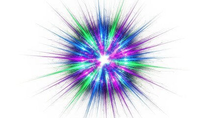 A vibrant abstract burst of blue, green, and purple light radiating outwards on a white background, resembling a digital explosion or fractal star.