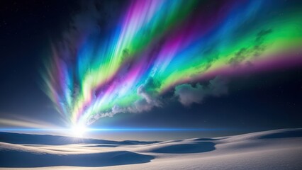 Spectacular vibrant aurora borealis illuminating a snowy polar landscape with a bright light source on the horizon.