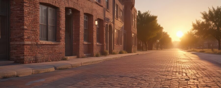 Old brick street with fading sun, Lubbock Texas landscape,  old building,  rural landscape, brick street