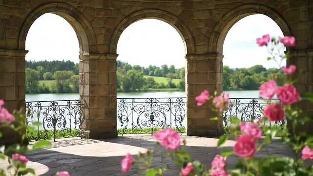 Sunlit stone-arched veranda framing a tranquil lake view with blooming pink roses