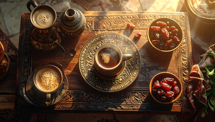Fototapeta premium arabic coffee and dates are presented on an ornate carved wooden table depicting traditional middle eastern hospitality in warm light.