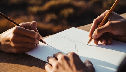 Two people drawing together with pencils on paper