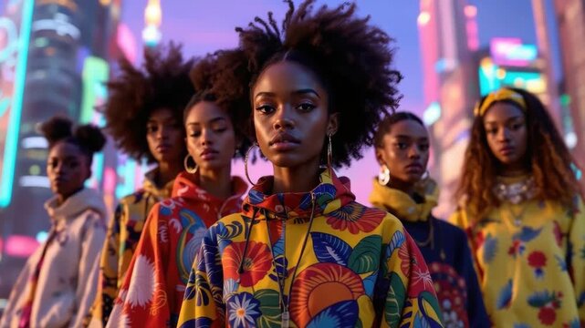 Vibrant fashion in neon city: afro futurism and bold patterns