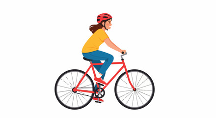 Obraz premium A woman in a yellow shirt and red helmet riding a red bicycle against a clean white background with a simple and active mood.