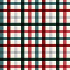 Seamless plaid pattern in festive colors of deep red, forest green, light gray, and cream