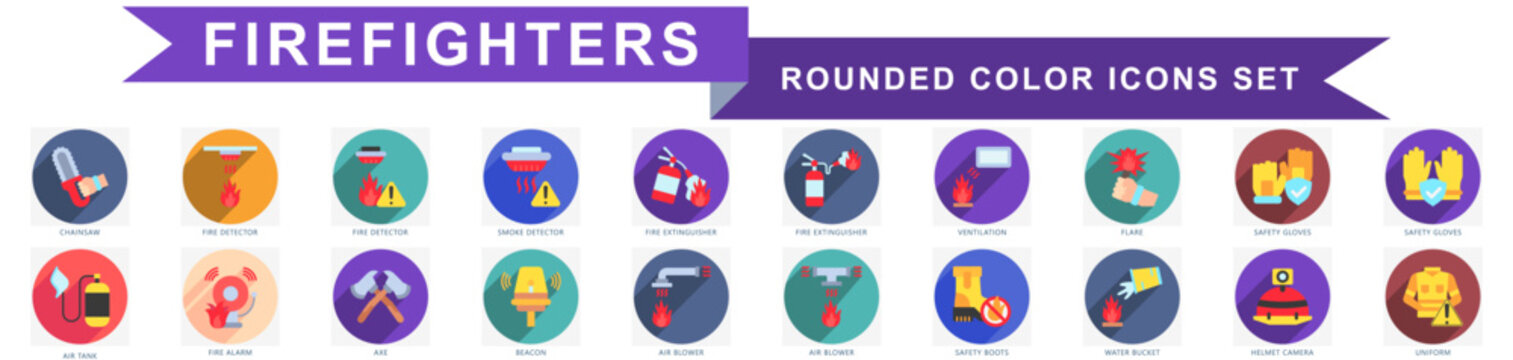 Firefighters rounded flat color icons set. contain fire alarm, beacon, safety goggle, harnes, helmet, fire monitor, hose and more. Vector for modern concept, print, UI, UX kit, web and app development