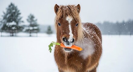 Brown horse enjoying a carrot snack in the snowy landscape.