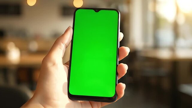 Close-up shot of a hand holding a modern, generic black smartphone casually in a blurred, sunlit cafe environment. The phone's screen is a solid, flat chroma key green surface