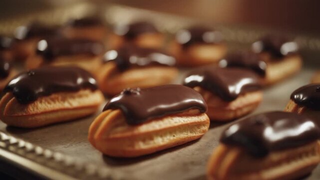 A close-up shot of a tray filled with delicious chocolate-glazed eclairs, ready to be served.