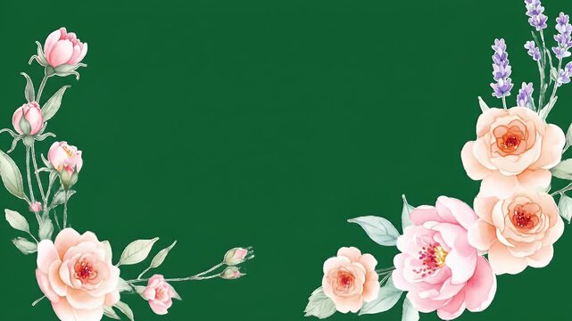 Vibrant Green Backdrop Framed by Soft Pink Roses and Lush Leaves Border