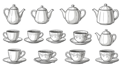 Collection of handdrawn teapots and teacups with saucers
