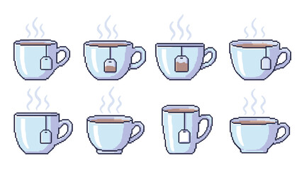 Fototapeta premium Pixel art collection of eight steaming hot tea cups with tea bags