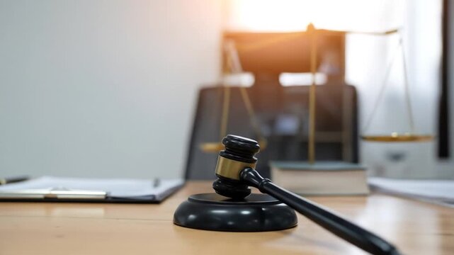 Gavel with scales on desk, and law and justice.
