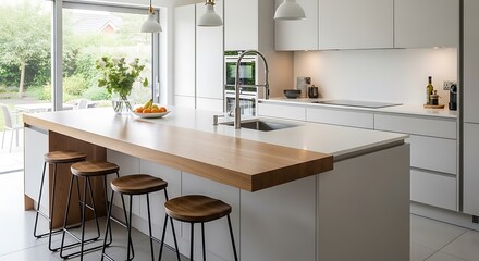 Bright Modern Kitchen with Island and Bar Stools - Clean and Minimalist Design.