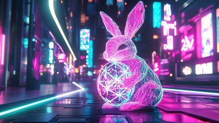 Neon bunny with glowing orb in futuristic city