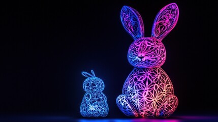 Two glowing, wire-frame Easter bunnies in vibrant neon colors