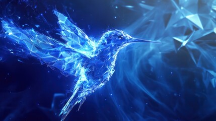Abstract hummingbird in vibrant blue, polygonal design, flying amidst smoky, crystalline background