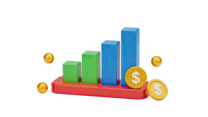 3D Bar Graph with Gold Coins and Spheres