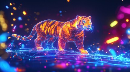 Abstract tiger, digital art, vibrant colors, glowing lines