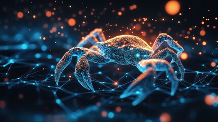 Abstract crab, digital art, glowing lines, and particles