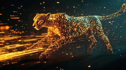 Abstract cheetah in motion, composed of glowing particles and light trails