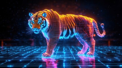 Digital tiger striding on a glowing grid floor