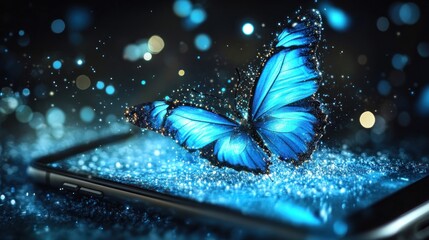 A glowing blue butterfly hovers over a phone screen, surrounded by glittering particles