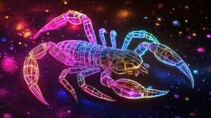 A glowing, colorful, digital scorpion in space
