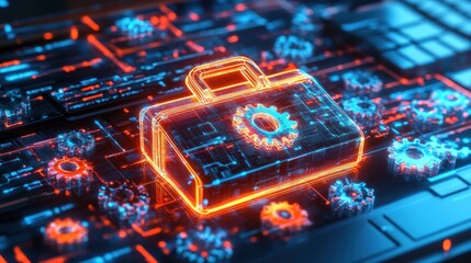 Tech toolbox icon glows on circuit board