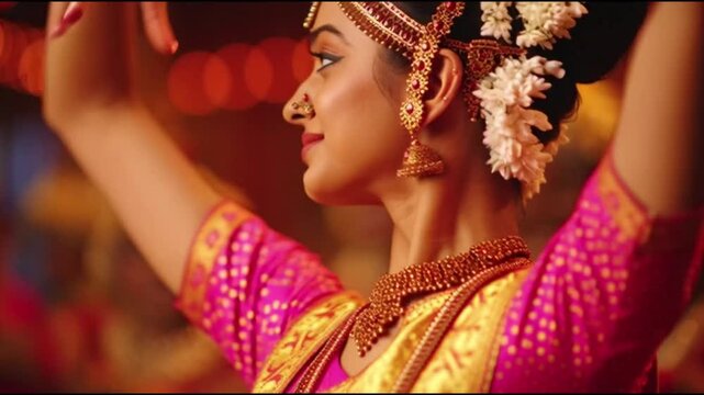 Beautiful Indian Dancer Performing Traditional Bharatanatyam with Grace and Emotion.