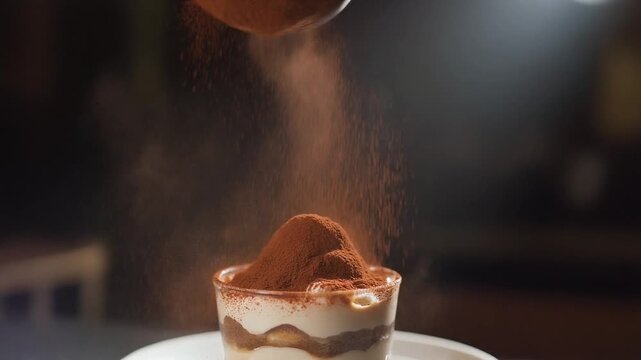 Cocoa powder being sprinkled over a delicious glass of tiramisu, creating a fine dust cloud above the dessert.