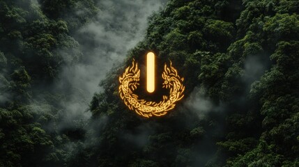 Golden power symbol in a misty forest