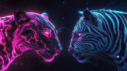 Neon pink and blue tiger and leopard faces