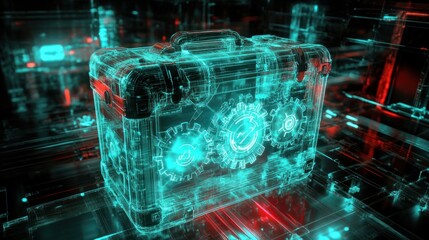 Transparent toolbox, gears, glowing, digital, futuristic