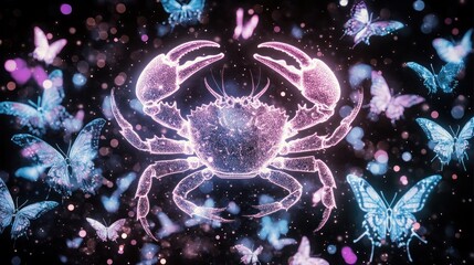 Glowing crab surrounded by butterflies, vibrant colors on dark background