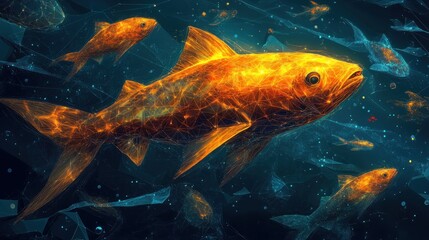 Golden fish, glowing, abstract, digital art, school of fish