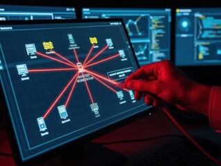 Ransomware attack response with a hand disconnecting an infected workstation from a network diagram to prevent spread, for incident response protocols