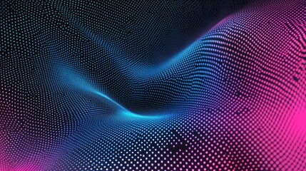 Abstract digital dots, swirling in vibrant blues and pinks, on a black background