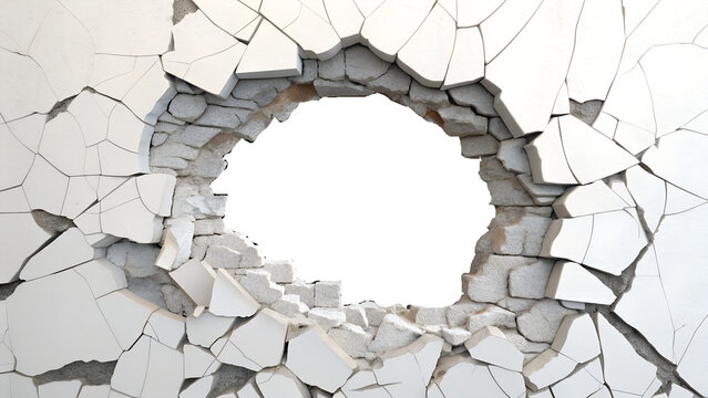 Hole breaking through white wall isolated on transparent background