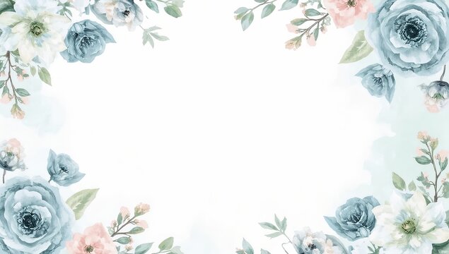 Elegant watercolor floral arrangement framing a blank space, perfect for adding text or other elements. The arrangement features delicate blue and pink blooms, accompanied by soft greenery