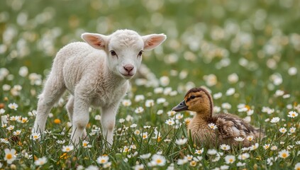 Naklejka premium A lamb and a duckling in a field of flowers, a scene of springtime wonder. The lamb stands tall and the duckling rests amidst the daisies, a moment of nature's simple beauty