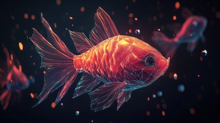 Abstract, polygonal fish in vibrant red and orange, dark background