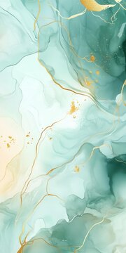 Abstract watercolor paint ackground illustration - Sft pastel green aquamarinecolor and golden lines, wih liquid fluid marbled papr texture banner texture