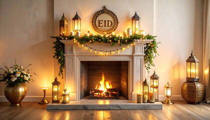 eid decor on a fireplace mantel with glowing lanterns burning candles and an eid sign creating a warm islamic holiday ambiance.