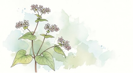 Buckwheat Plant Illustration with Watercolor Background.